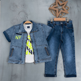 BOYS' SUIT WHOLESALE READY TOWEAR TRIPLE SUIT Jeans pants with a white sweater with a black and yellow print and a denim jacket with side pockets 035